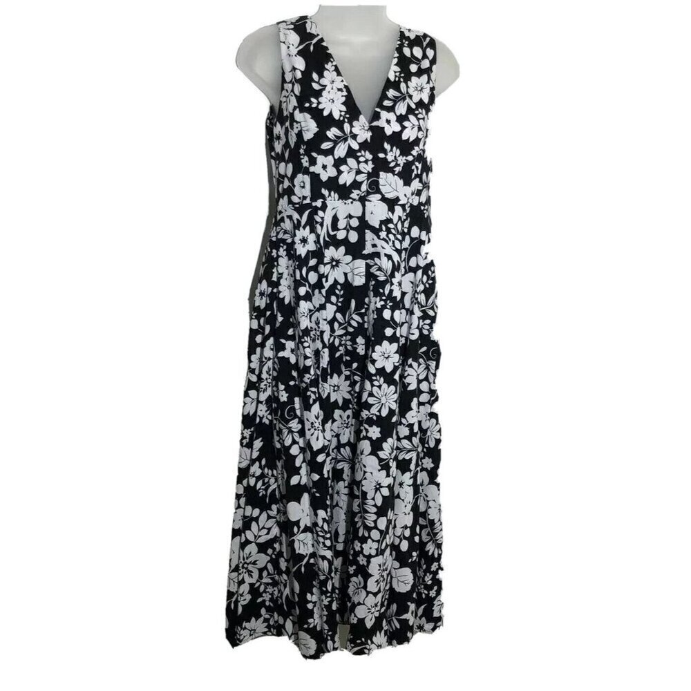 Vtg Victoria Holley Black White Floral Maxi Dress‎ Cotton Sleeveless A-Line Y2K